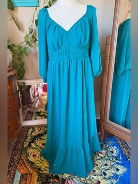 torrid Gorgeous Teal Long Sleeve Maxi Dress, size 2X, pockets, smocked